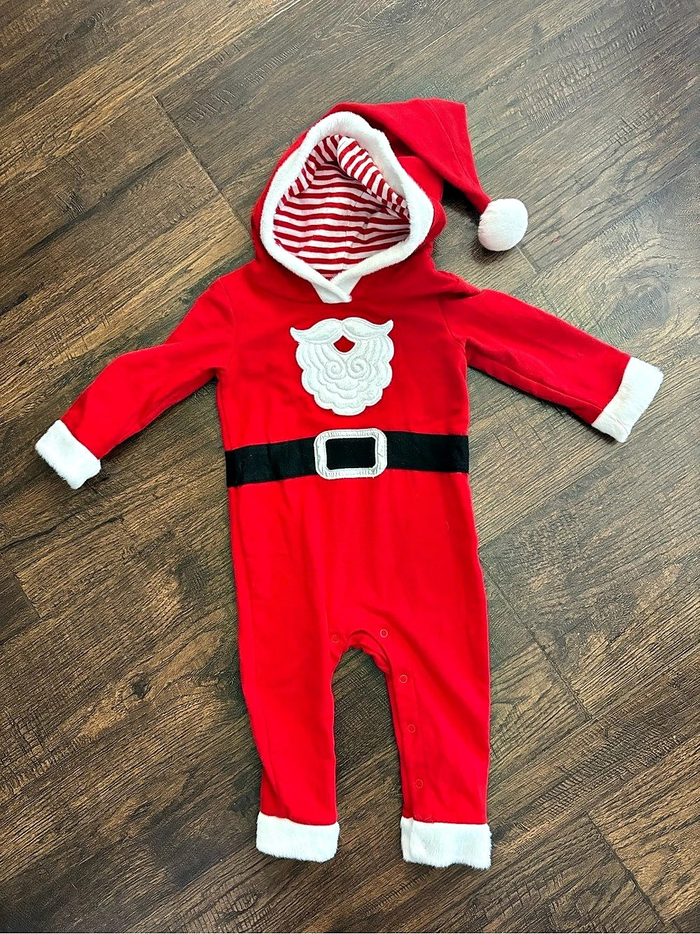 Cat & Jack Baby Santa Claus Hooded Romper Red & White Baby 6-9M